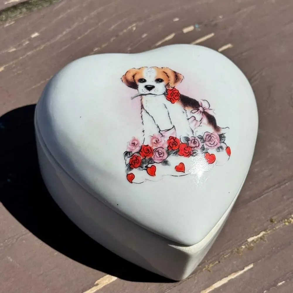 Porcelain Puppy Trinket Box with Lid Heart Shaped